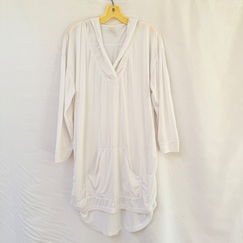 Prana White Hooded Mantra Swim Cover Up Dress Med Kangaroo Pocket High Low Hem